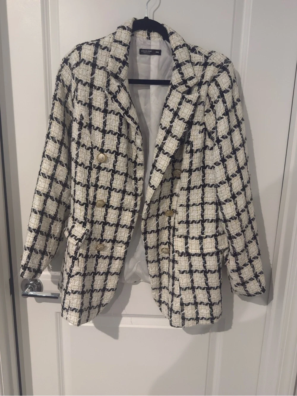 SHEIN Black & White Check Bouclé Double-Breasted Blazer - Picture 3 of 6